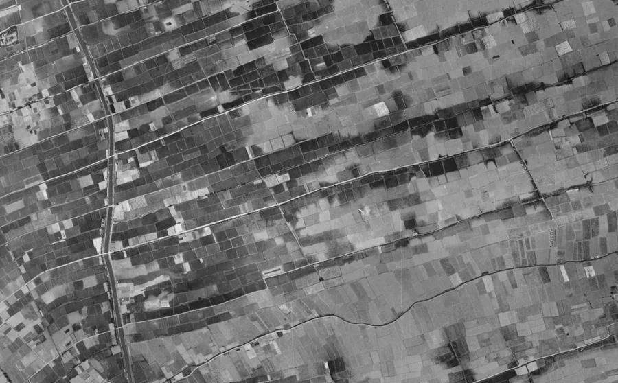 細長い農地と集落が広がり高速道路のない1960年代の三郷JCT付近